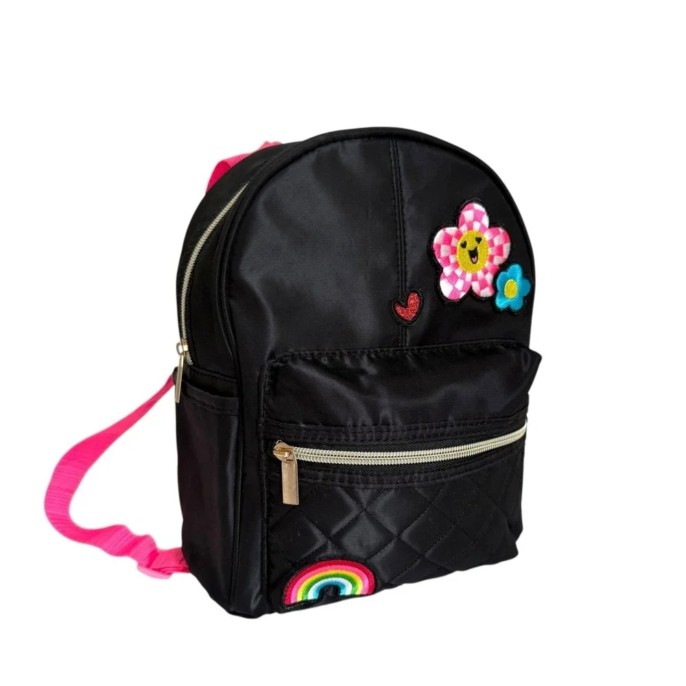 Claire's Checkered Daisy Patch Black Quilted Mini Backpack‎